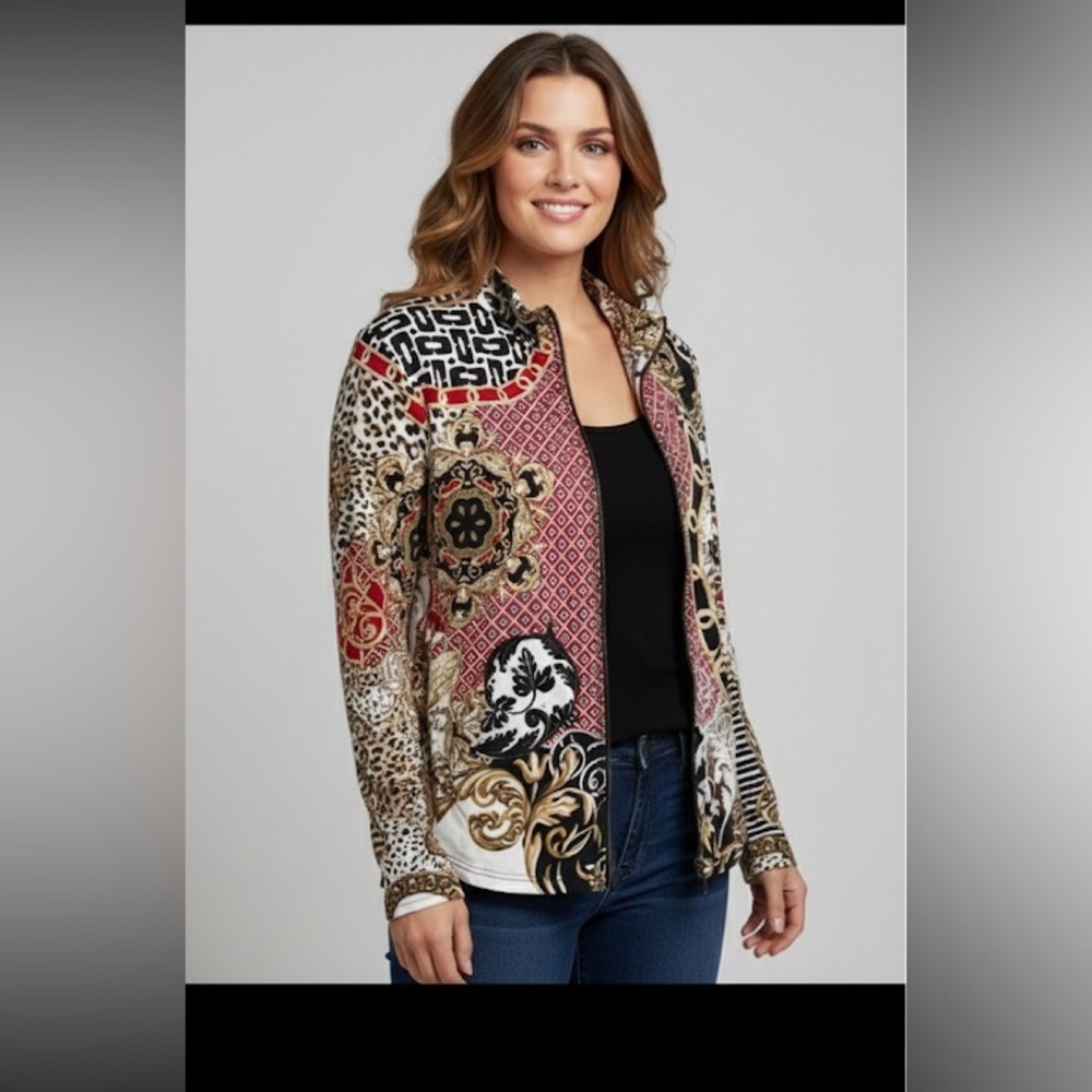 Weekends by Chico’s Geometric print full zip lightweight jacket size 0 or small
